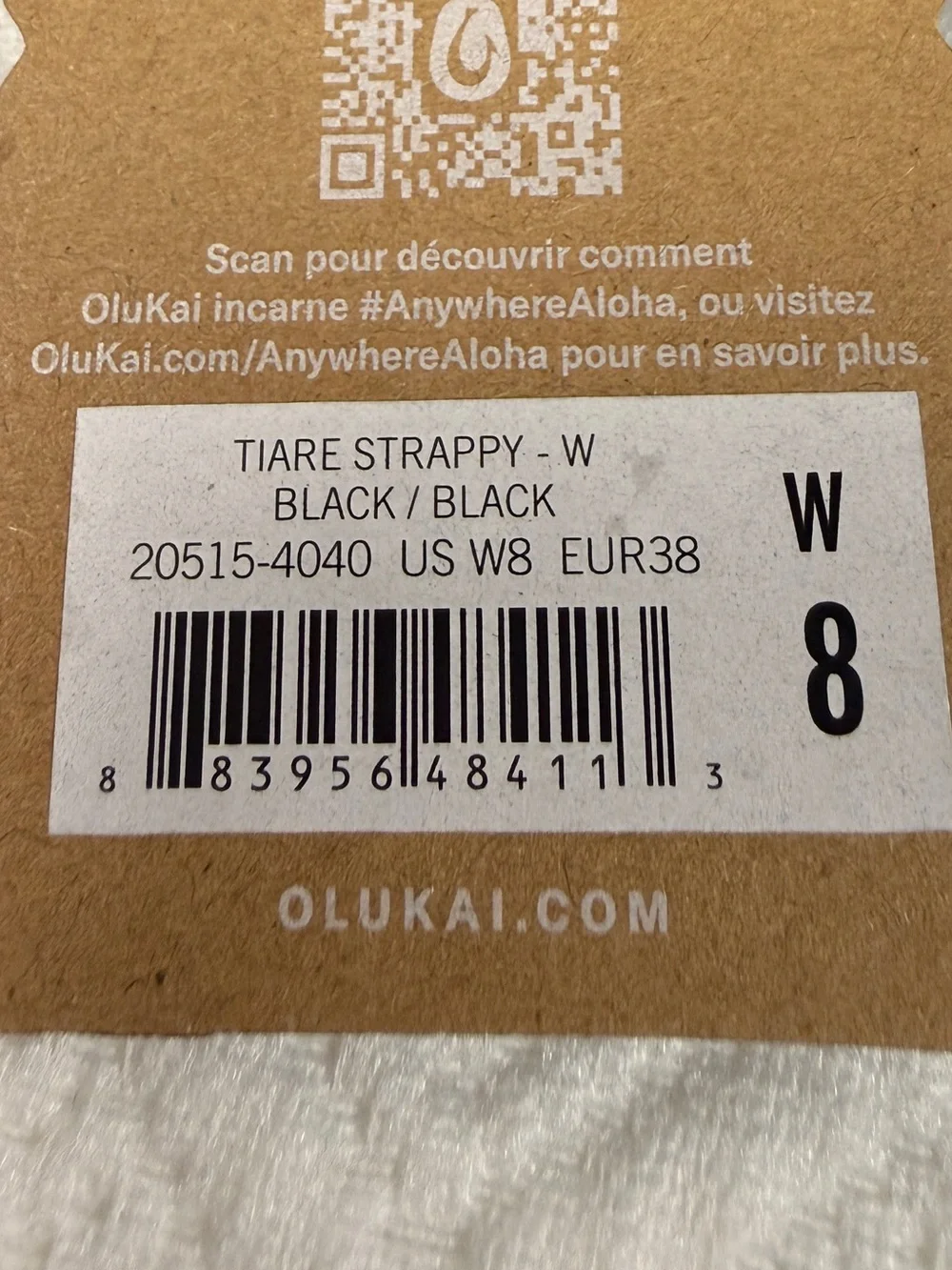 NWT OluKai Tiare Strappy Leather Sandals Black Women’s 8 Slingback Flat
